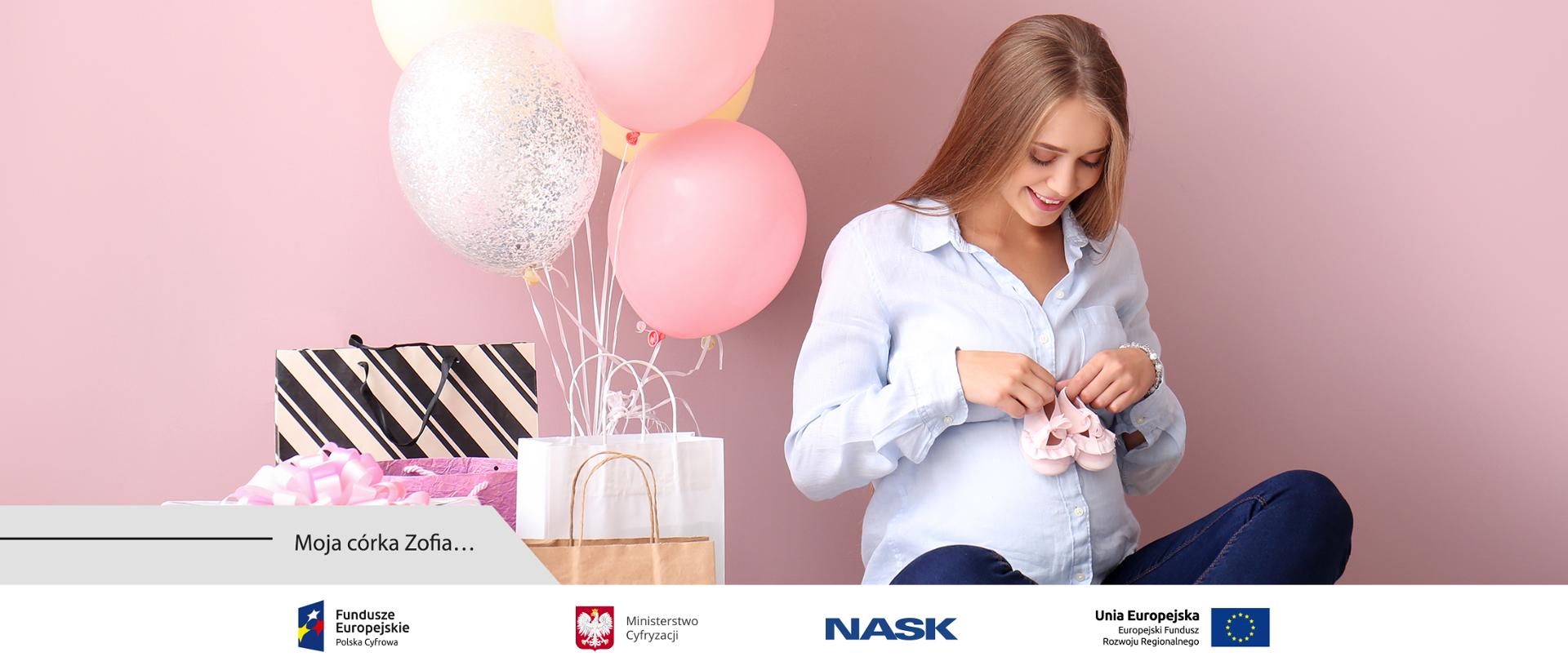 Grafika. Kobieta w ciąży trzymająca w dłoniach niemowlęce bucki. Obok napis: Moja córka Zofia...