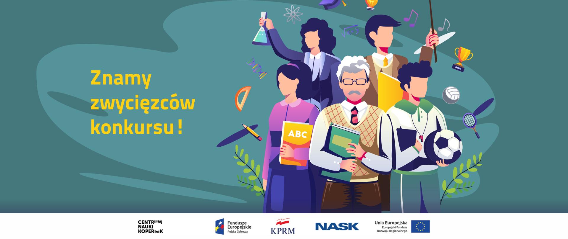 Grafika z ciemnozielonym tłem. Po lewej stronie tekst żółtymi literami: Znamy zwycięzców konkursu! Po prawej stronie grafika wektorowa przedstawiająca grupę ludzi w różnym wieku. Dwoje z nich trzyma książki, jeden piłkę. Dookoła nich znajdują się symbole związane z nauką: ekierka, ołówek, puchar, roślina, nić DNA.