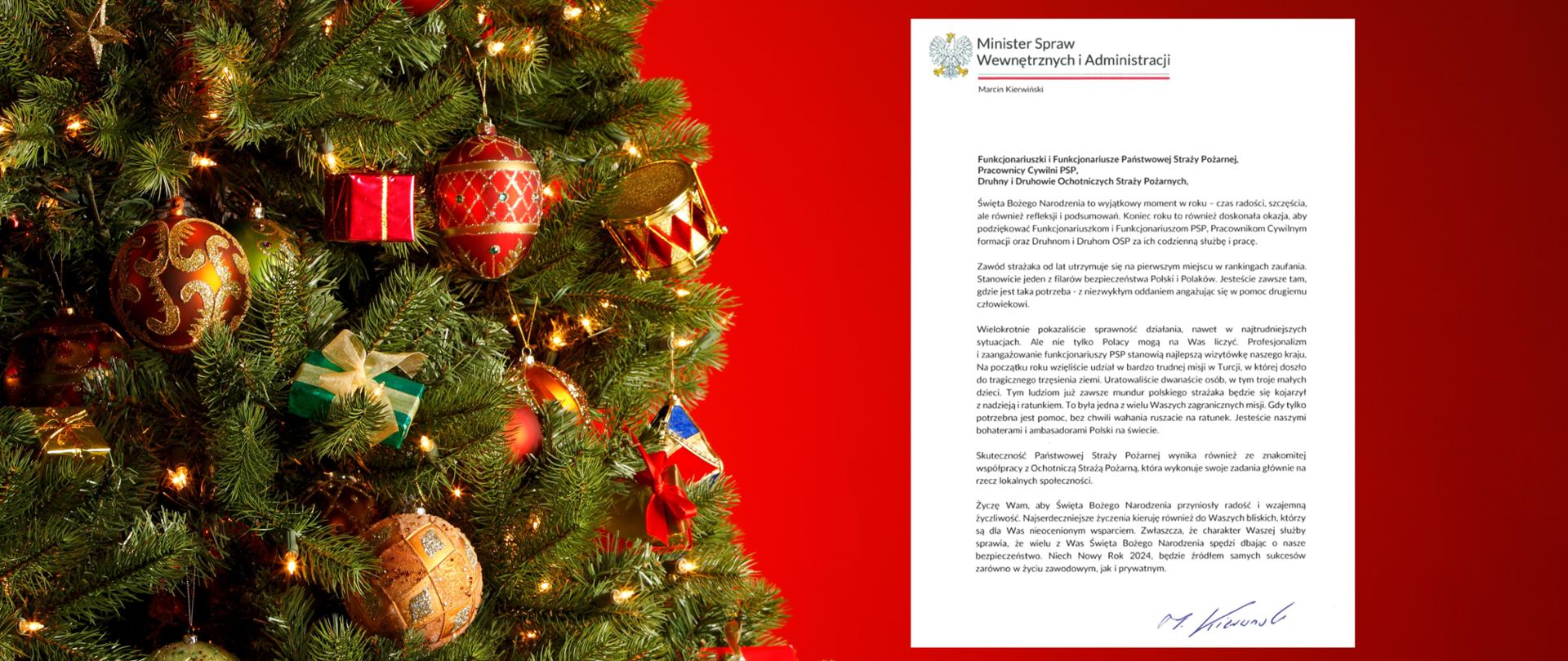 Po lewej stronie choinka udekorowana a po prawo list z życzeniami Ministra SWiA