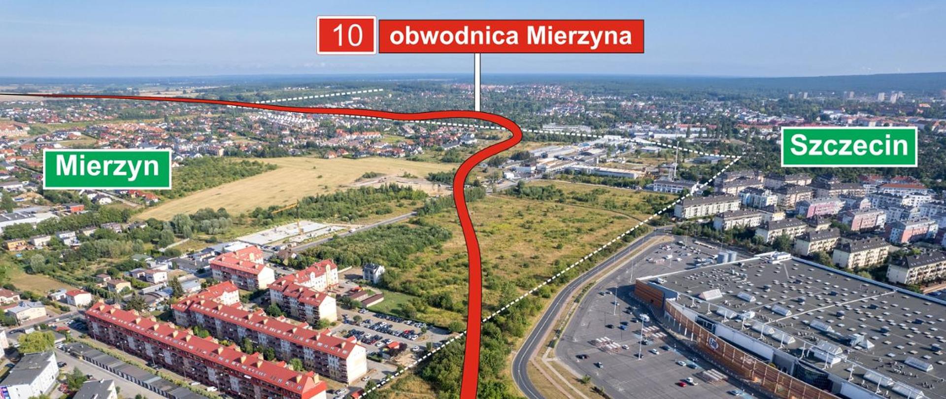 Przebieg drogi zaznaczony czerwoną kreską na zdjęciu. Po prawo widoczna panorama Szczecina, a po lewo Mierzyna.