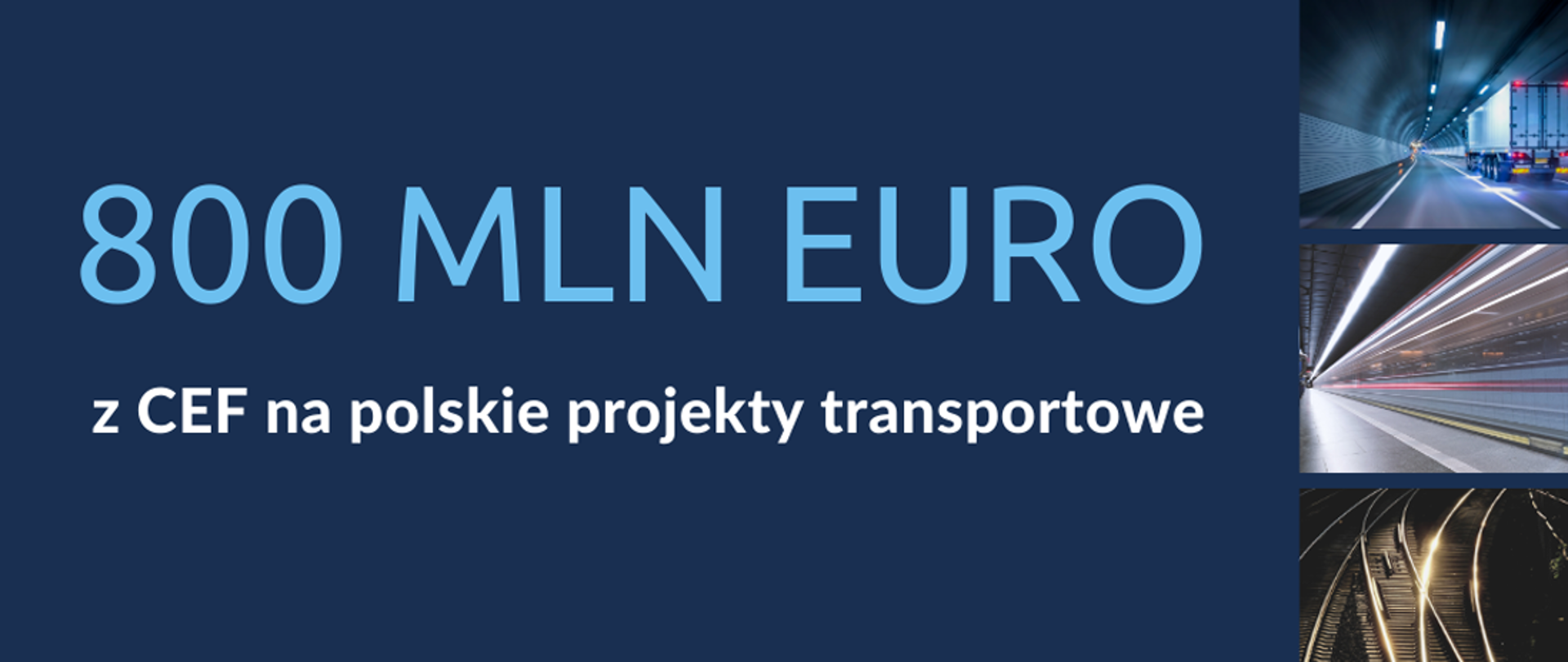 Na grafice napis: 800 mln euro z CEF na polskie projekty transportowe. Z prawej strony trzy zdjęcia: torów kolejowych i drogi.