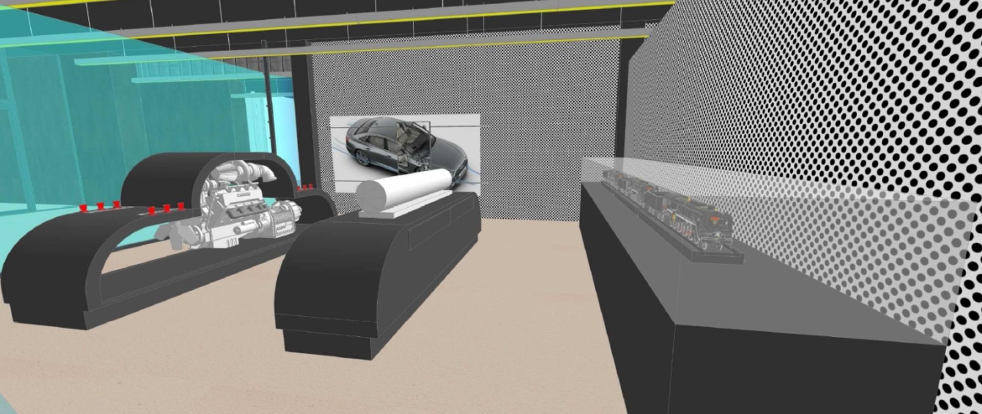 Grafika przedstawia wizualizację sali motoryzacyjnej - modele silników, pojazdów