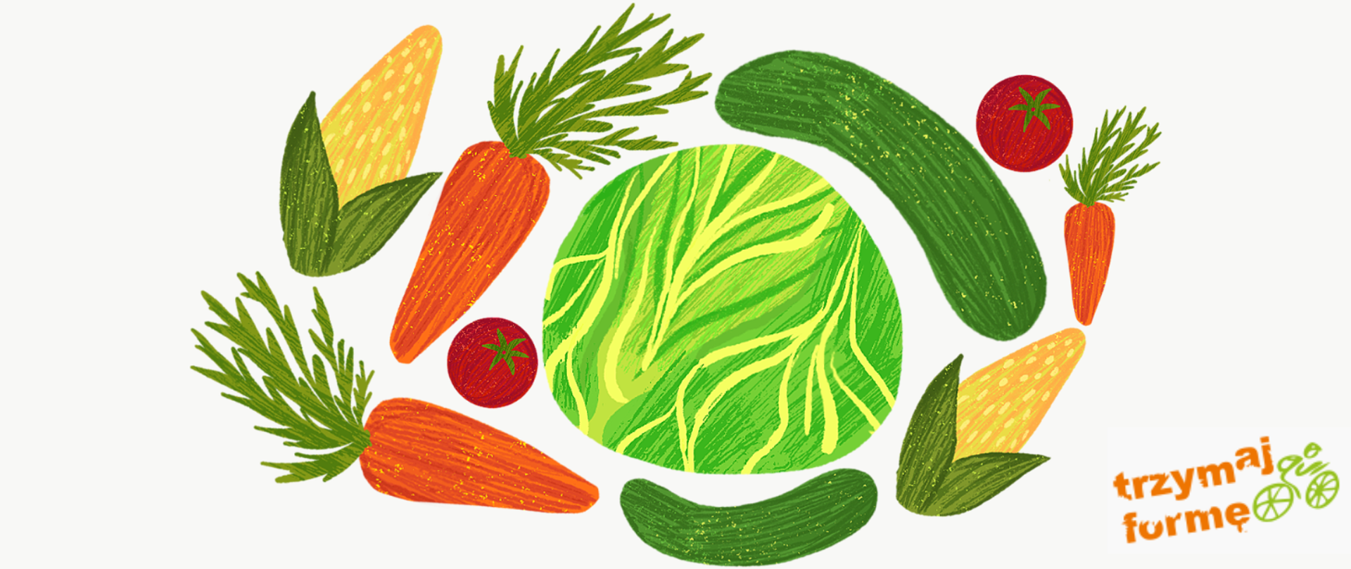 Grafika przedstawia rysunek warzyw i hasło TRZYMAJ FORMĘ!