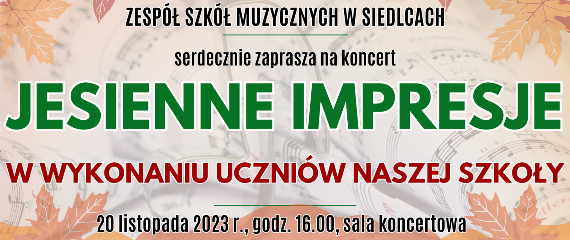 kolorowe tło z muzycznymi oraz jesiennymi elementami typu clipart oraz informacja o wydarzeniu