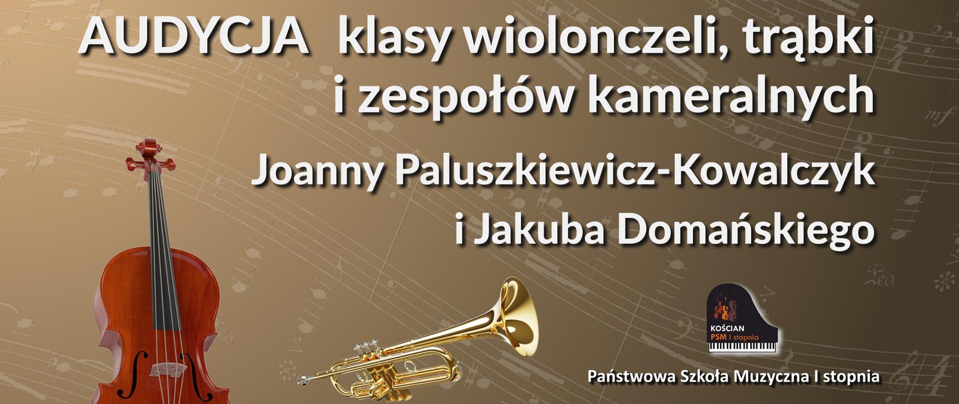 plakat audycji klasy wiolonczeli i trąbki z nutami w tle w odcieniach brązu ze zdjęciami obu instrumentów