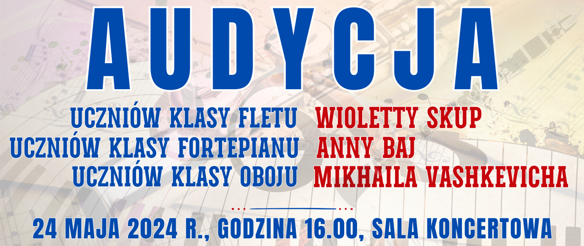 kolorowe tło z fletem poprzecznym leżącym na nutach i klawiaturą fortepianu oraz informacja o wydarzeniu