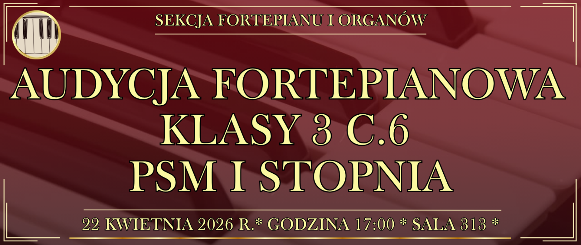 baner w tle klawiatura fortepianu oraz informacja o wydarzeniu