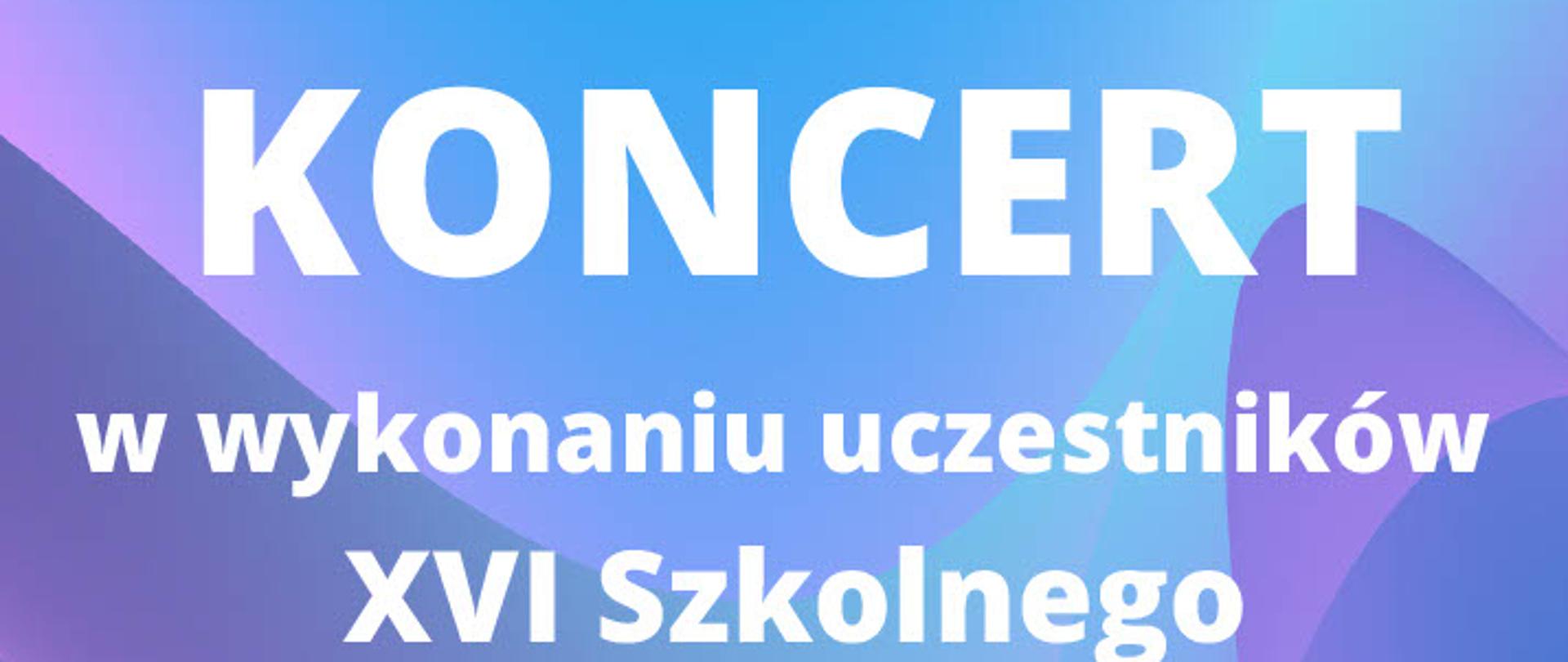 Plakat z zaproszeniem na koncert uczestników konkursu kompozytorskiego. Tło niebieskie, litery w kolorze białym, w tle czarne nuty - szesnastki przedstawione artystycznie, skośnie.