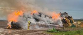 Na zdjęciu strażacy gaszą palącą się słomę w stogu.