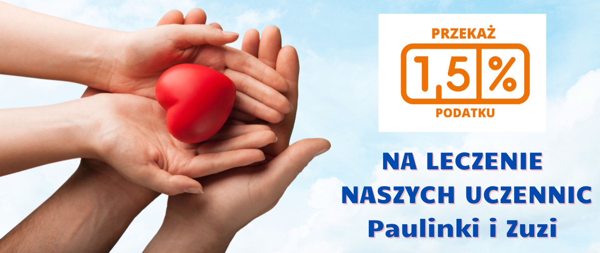 baner na tle w chmury, splecione ręce z sercem, po prawej tekst