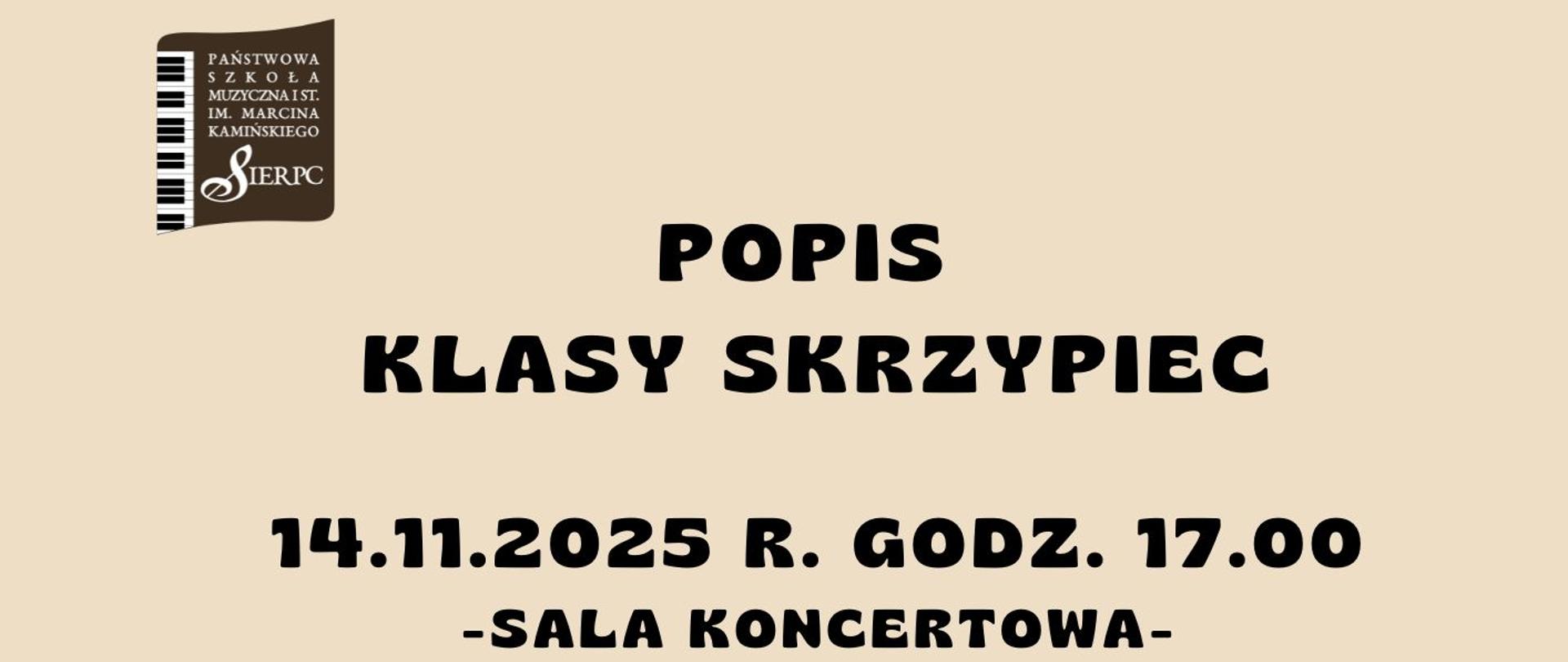 Na jasnym tle w lewym górnym rogu logo PSM I st. w Sierpcu, pośrodku tekst: Popis klasy skrzypiec, data: 14.11.2025 r., godz. 17.00, sala koncertowa. Poniżej skrzypce.