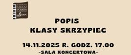 Na jasnym tle w lewym górnym rogu logo PSM I st. w Sierpcu, pośrodku tekst: Popis klasy skrzypiec, data: 14.11.2025 r., godz. 17.00, sala koncertowa. 
