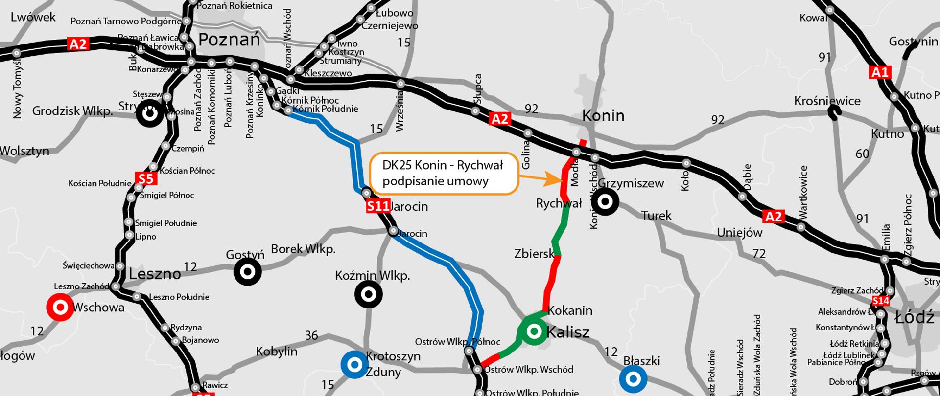Mapa przedstawia sieć dróg krajowych i ekspresowych w centralnej i zachodniej Polsce, obejmującą obszar od Poznania przez Konin i Kalisz po Wrocław. Na mapie wyróżniono kolorem niebieskim odcinek drogi krajowej DK25 Konin – Rychwał, przy którym umieszczono etykietę „DK25 Konin – Rychwał podpisanie umowy”.
Pozostałe odcinki dróg ekspresowych i krajowych zaznaczono różnymi kolorami zgodnie z legendą (m.in. czerwone – w budowie, zielone – w przygotowaniu). Mapa zawiera również oznaczenia liczbowo-literowe dróg, lokalizacje miast takich jak Poznań, Konin, Kalisz, Leszno, Wrocław oraz ich węzłów drogowych.