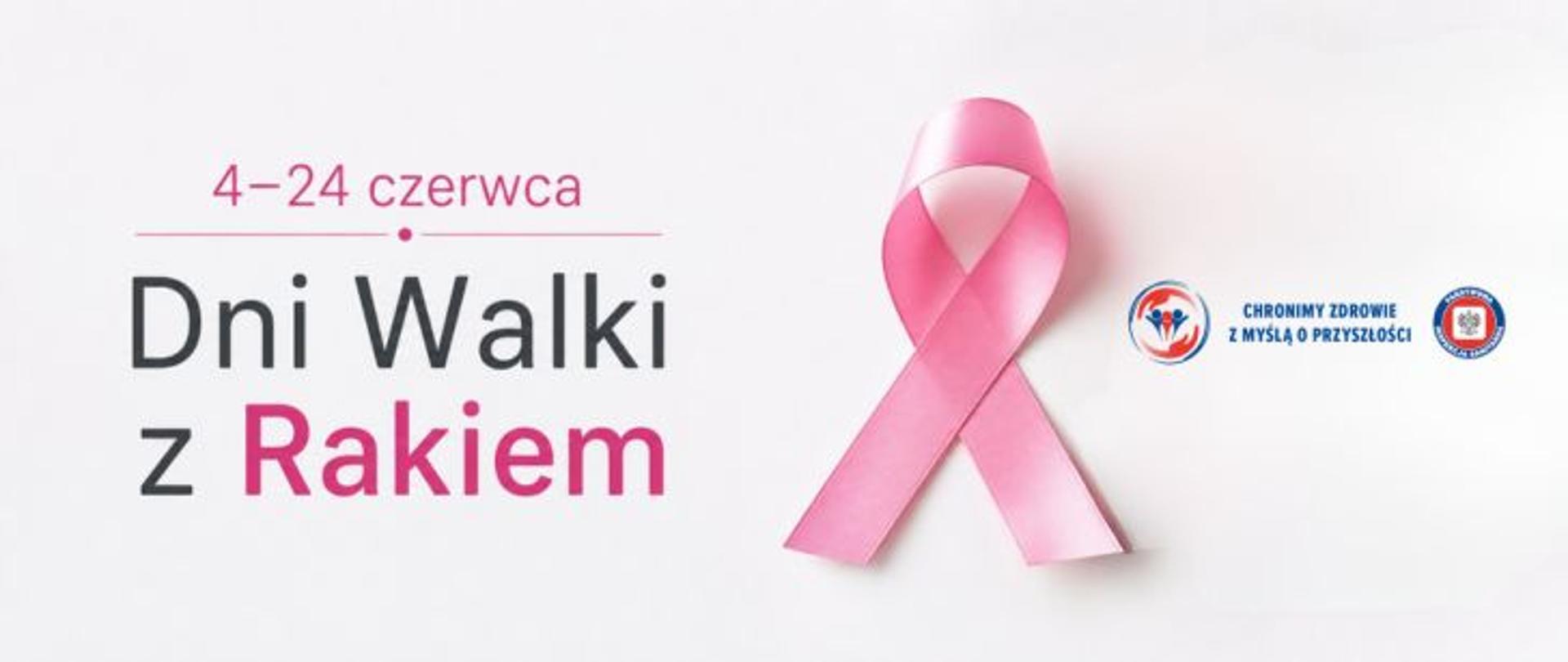 Na jasnym tle po prawej różowa wstążeczka. Obok logo Państwowej Inspekcji Sanitarnej wraz hasłem: Chronimy zdrowie z myślą o przyszłości. Po lewej stronie od góry różowy napis: 4-24 czerwca poniżej czarny napis Dni Walki z oraz różowy napis Rakiem. 