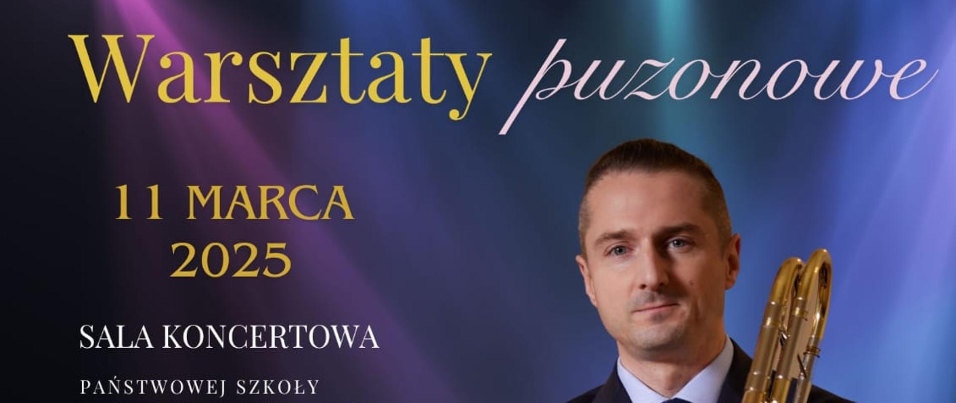 Plakat warsztatów puzonowych ma elegancki i profesjonalny styl, dominują w nim kolory ciemnego granatu oraz złota, co nadaje mu prestiżowy charakter. Centralnym elementem wizualnym jest zdjęcie prowadzącego, Tomasza Gajewskiego, który trzyma puzon w pewnym siebie, formalnym ujęciu, co podkreśla jego autorytet i doświadczenie. Światła reflektorów w tle oraz starannie dobrane fonty sprawiają, że plakat przyciąga uwagę i kojarzy się z wysokiej jakości wydarzeniem muzycznym.