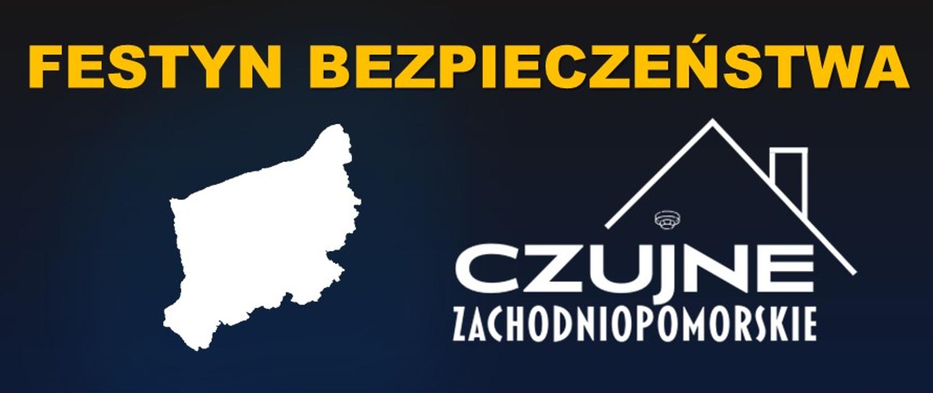 Plakat promujący wydarzenie "Festyn Bezpieczeństwa – CZUJNE ZACHODNIOPOMORSKIE". W górnej części widnieje żółty napis: "FESTYN BEZPIECZEŃSTWA" oraz kontur województwa zachodniopomorskiego obok logo akcji. Centralnie umieszczono zachętę: "Przyjdź i zdobądź darmową CZUJKĘ TLENKU WĘGLA" – napis ożywiony czerwoną czcionką dla hasła „CZUJKĘ TLENKU WĘGLA”. Poniżej żółtymi literami: "STARGARD – Rynek Staromiejski", a następnie w kolorze białym szczegóły: "16 października 2025 r. Godz. 14:00". U dołu informacja: "Sprawmy razem, by każde zachodniopomorskie gospodarstwo domowe było czujne i bezpieczne!" W dolnej części znajdują się logotypy organizatorów: wojewody zachodniopomorskiego, marszałka województwa zachodniopomorskiego, Związku OSP RP oraz Wojewódzkiego Funduszu Ochrony Środowiska i Gospodarki Wodnej w Szczecinie. Tło plakatu jest w odcieniach granatu z białymi i żółtymi elementami.