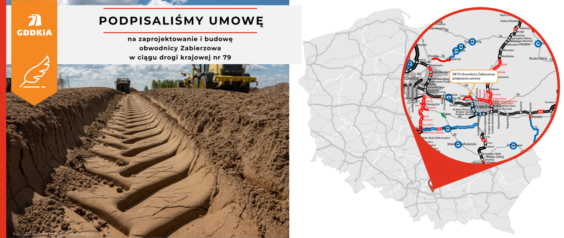 infografika - po lewej stronie zdjęcie prac w terenie, po prawej stronie mapa Polski z powiększeniem na Kraków i okolice 