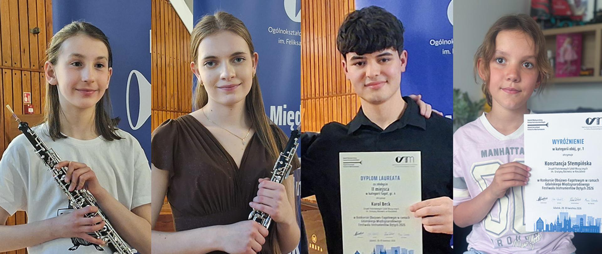 Uczniowie klas fagotu i oboju, trzymają w rękach instrumenty i dyplomy
