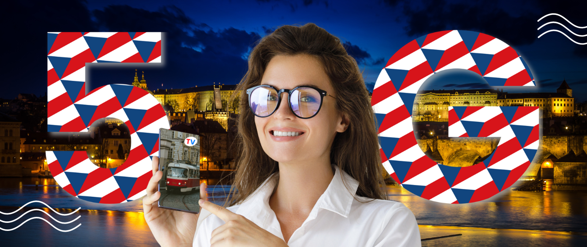 Grafika zawiera zdjęcie Pragi, a na jego tle w centralnej części umieszczono zdjęcie uśmiechniętej kobiety trzymającej smartfon. Na ekranie widoczne jest zdjęcie tramwaju jadącego ulicą i mały znak TV. Po obu stronach kobiety znajdują się: cyfra 5 i litera G wypełnione wzorem złożonym z czeskich flag. 