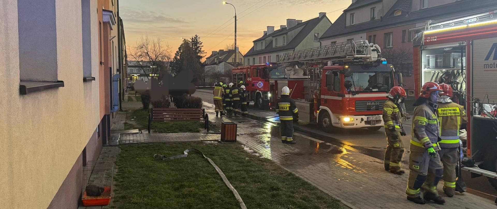 Na zdjęciu widać trzy czerwone samochody straży pożarnej stojące na asfaltowej jezdni. Obok samochodów stoi dziesięciu strażaków. Ubrani są w piaskowe lub ciemne stroje. Na głowach mają założone czerwone, białe lub żółte hełmy. Po lewej stronie zdjęcia widać budynek, w którym doszło do pożaru. W tle widać inne budynki. Na trawniku leży wąż strażacki. Jest widno, ale zaczyna się ściemniać.