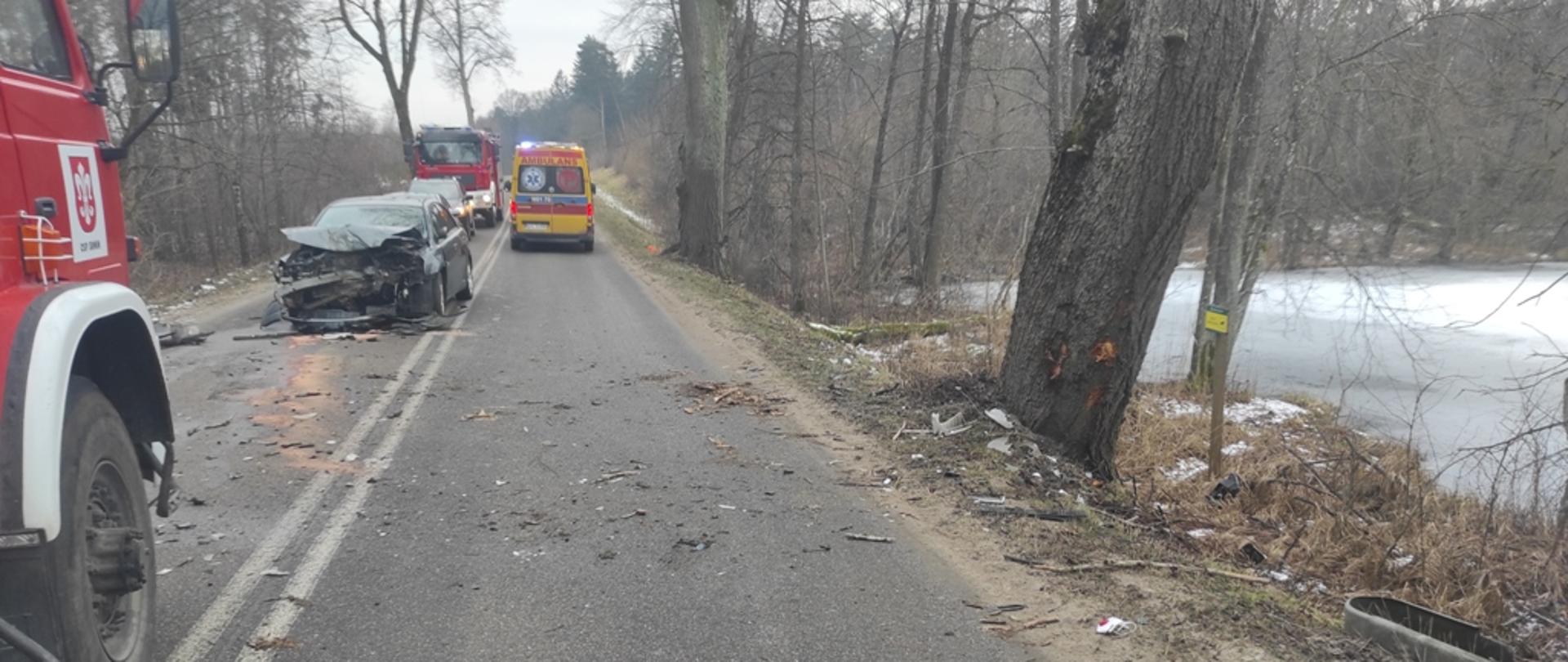 Samochód po uderzeniu w drzewo stoi na jezdni.