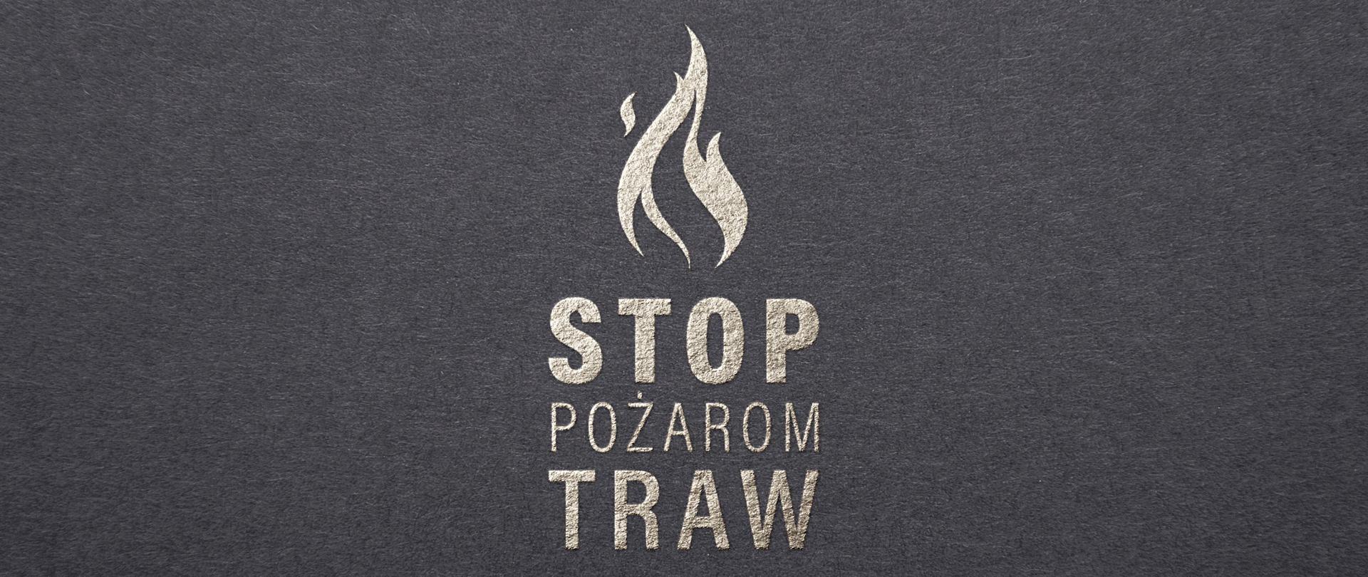 Zdjęcie pokazuje logo ogólnopolskiej kampanii społecznej stop pożarom traw. Na ciemnym tle widać wizerunek ognia, pod którym umieszczono napis stop pożarom traw 