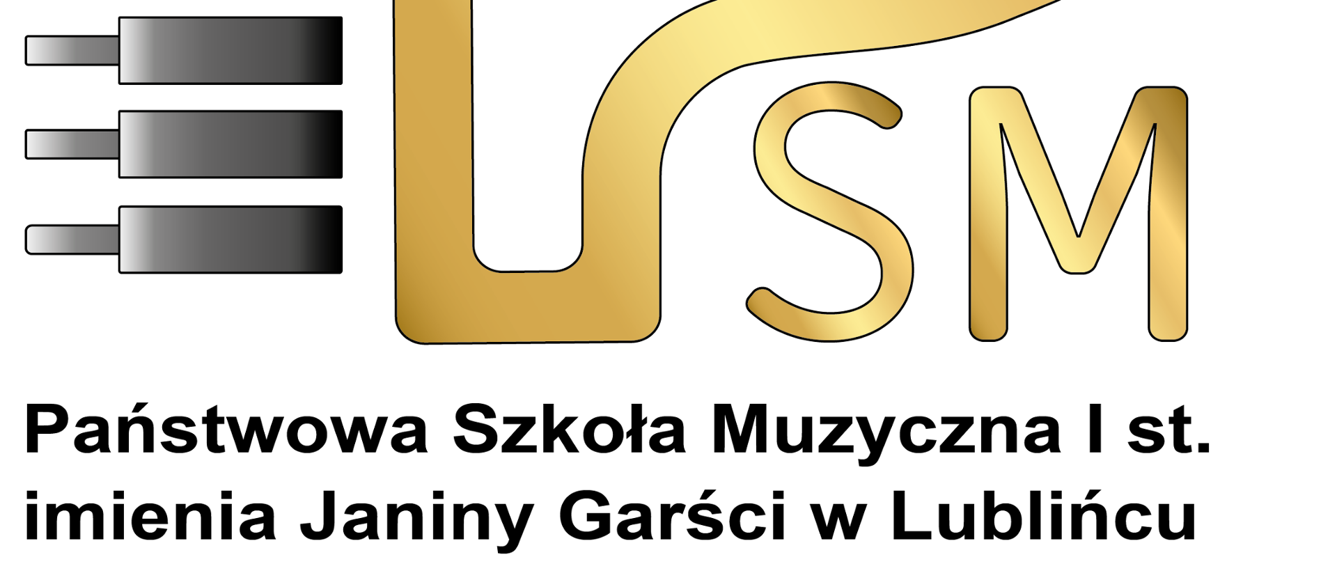 Grafika przedstawia logo PSM imienia Janiny Garści w Lublińcu, po lewej stronie ozdoba złożona z klawiszy fortepianu, po prawej stronie litery PSM w złotym kolorze, u dołu napis Państwowa Szkoła Muzyczna imienia Janiny Garści w Lublińcu