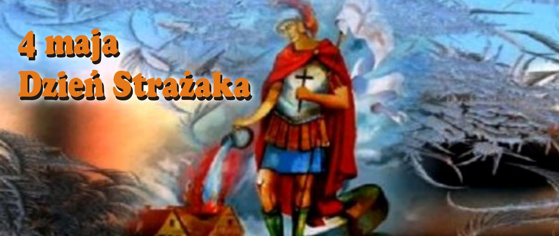 Zdjęcie przedstawia figurę Świętego Floriana trzymającego w prawym ręku dzban z wodą, którym polewa płonący budynek. 