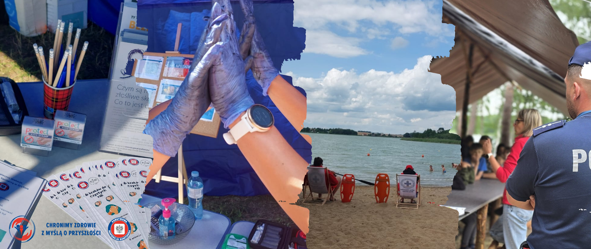 Cztery zdjęcia: Stoisko edukacyjne stół z ulotkami i ołówkami. Ręce w rękawicach przybijające piątkę. Ratownicy WOPR na plaży. Pracownik sanepidu i policjant na wypoczynku letnim