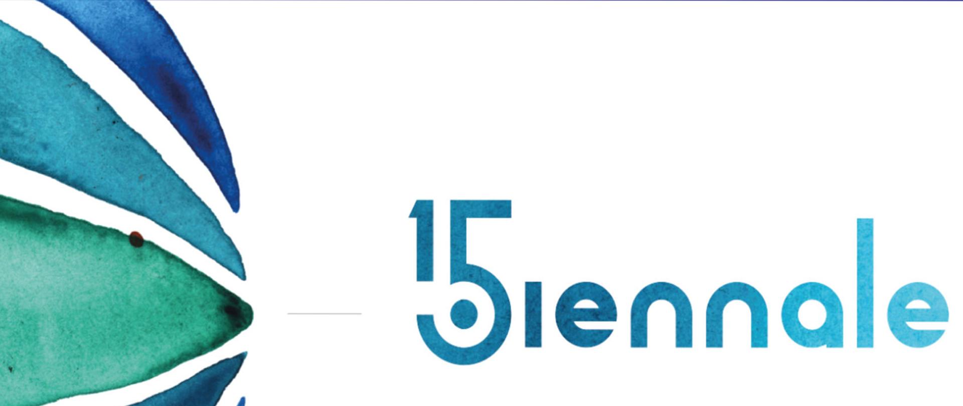 Grafika na białym tle przedstawia niebieski napis 15biennale