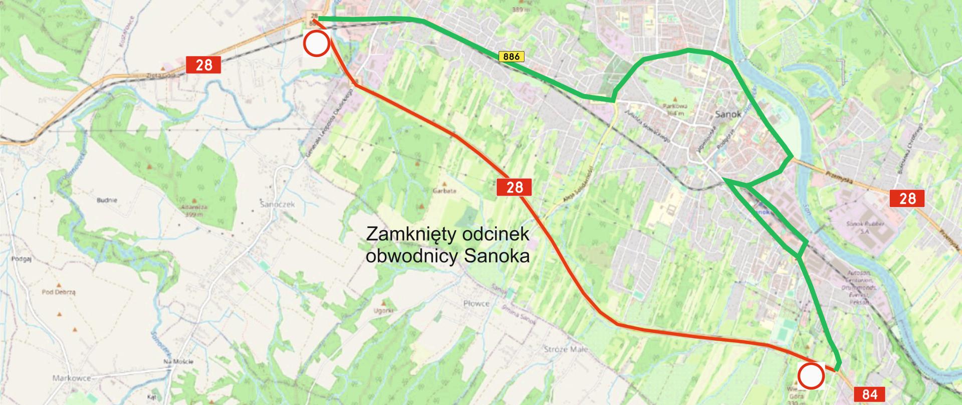 Mapa z zaznaczonym na czerwono zamkniętym odcinkiem obwodnicy Sanoka i na zielono wprowadzonym objazdem.