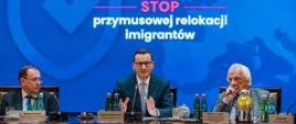 Premier Mateusz Morawiecki przemawia w czasie spotkania z przewodniczącymi klubów i kół parlamentarnych dot. przymusowej relokacji imigrantów.