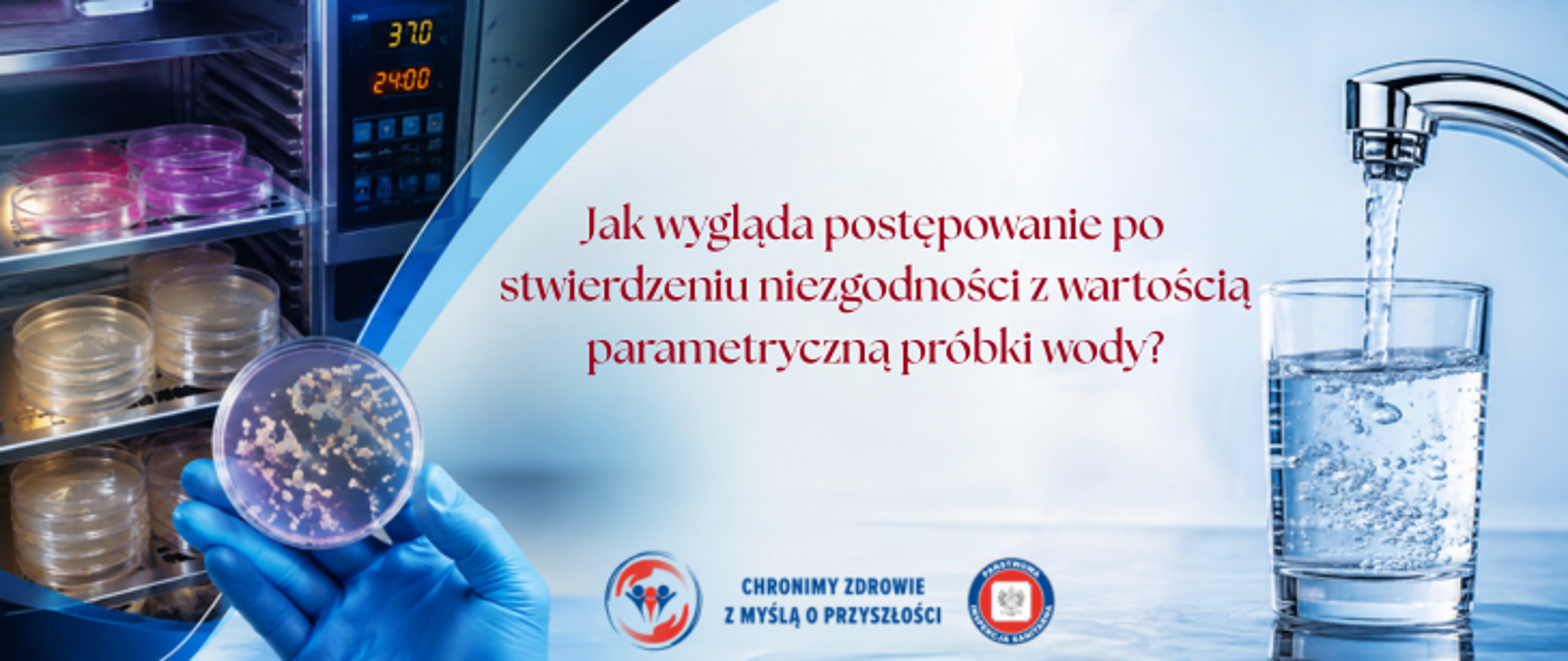 grafika przedstawia lodówkę z próbkami laboratoryjnymi, oraz szklankę napełniana wodą z kranu 