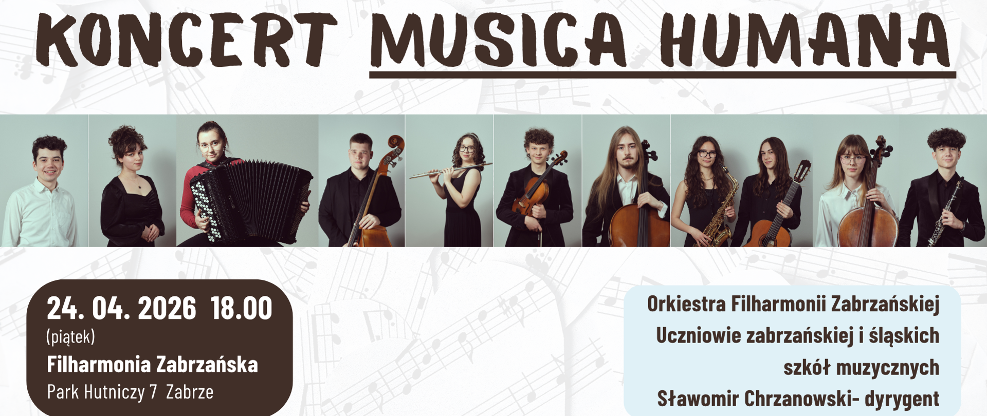 Plakat koncertu z kolażem portretów młodych muzyków trzymających instrumenty, na jasnym tle z nutami i dużym tytułem „Koncert Musica Humana”.