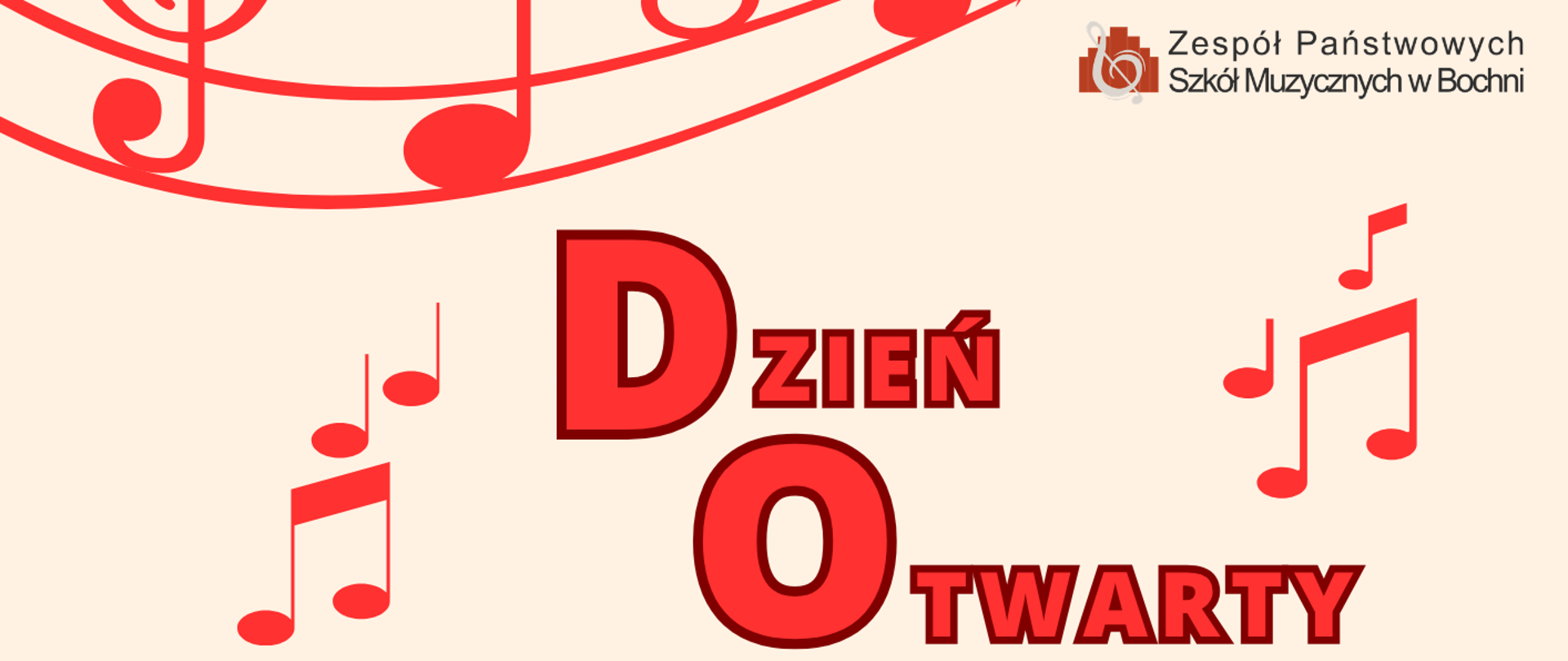 Grafika na różowym tle w górnej części zawiera w kolorze czerwonym pięciolinię z kluczem wiolinowym oraz nutami, po prawej stronie logo szkoły. W części centralnej drukowanymi literami w kolorze czerwonym oraz czarnymi literami widnieje napis:,,DZIEŃ OTWARTY ZESPOŁU PAŃSTWOWYCH SZKÓŁ MUZYCZNYCH”. Po prawej i lewej stronie napisu: ,,DZIEŃ OTWARTY’’ znajdują się elementy nut w kolorze czerwonym. Poniżej, literami w odcieniach brązu wymienione są instrumenty muzyczne: FORTEPIAN, AKORDEON, SKRZYPCE, ALTÓWKA, WIOLONCZELA, KONTRABAS, GITARA, FLET, KLARNET, SAKSOFON, TRĄBKA, PUZON, PERKUSJA, WALTORNIA. W dolnej części czarnymi literami zamieszczona jest data, godzina oraz miejsce wydarzenia. W samym dole w postaci czerwonych, drukowanych liter widnieje napis: ,,ZAPRASZAMY’’, oraz czarnymi literami link szkoły.