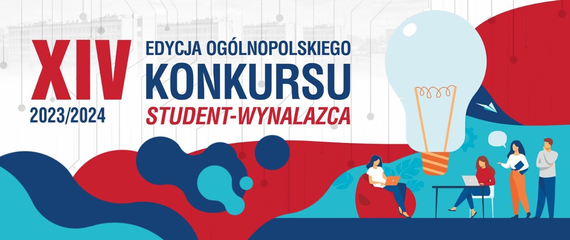 Grafika - na kolorowym tle sylwetki ludzi z książkami, żarówka i napis XIV edycja ogólnopolskiego konkursu student-wynalazca.