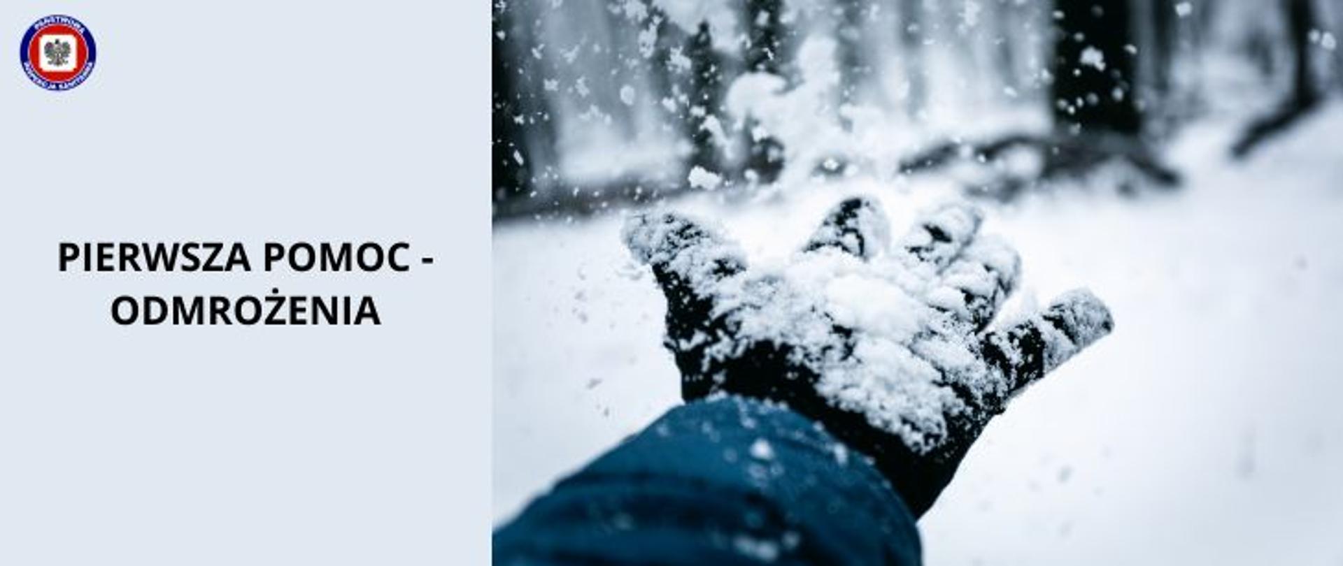 Grafika w szarej tonacji - po prawej dłoń w czarnej umorusanej w śniegu rękawiczce wyciągnięta by łapać spadające płatki śniegu, po lewej na szarym tle czarny napis Pierwsza pomoc - odmrożenia a w lewym górnym rogu logo Państwowej Inspekcji Sanitarnej.