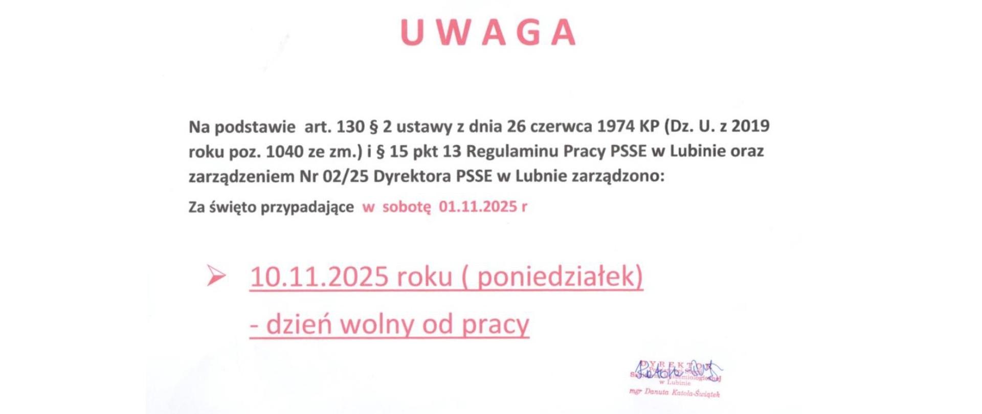 zarządzenie ustanawiające 10 listopada 2025 dniem wolnym od pracy w PSSE w Lubinie za listopada 025, który przypada w sobotę