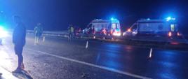 Zdjęcie zrobione w nocy przedstawia kilka osób w tym strażaków, policjantów, służbę medyczną. W tle znajdują się dwie karetki pogotowia z włączonymi sygnałami świetlnymi ustawione na autostradzie.