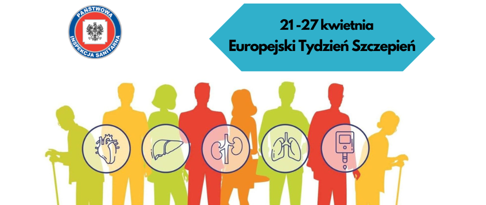 Grafika przestawia kolorowe cienie osób dorosłych z grafikami różnych chorób przewlekłych, oraz napis Europejski Tydzień Szczepień.