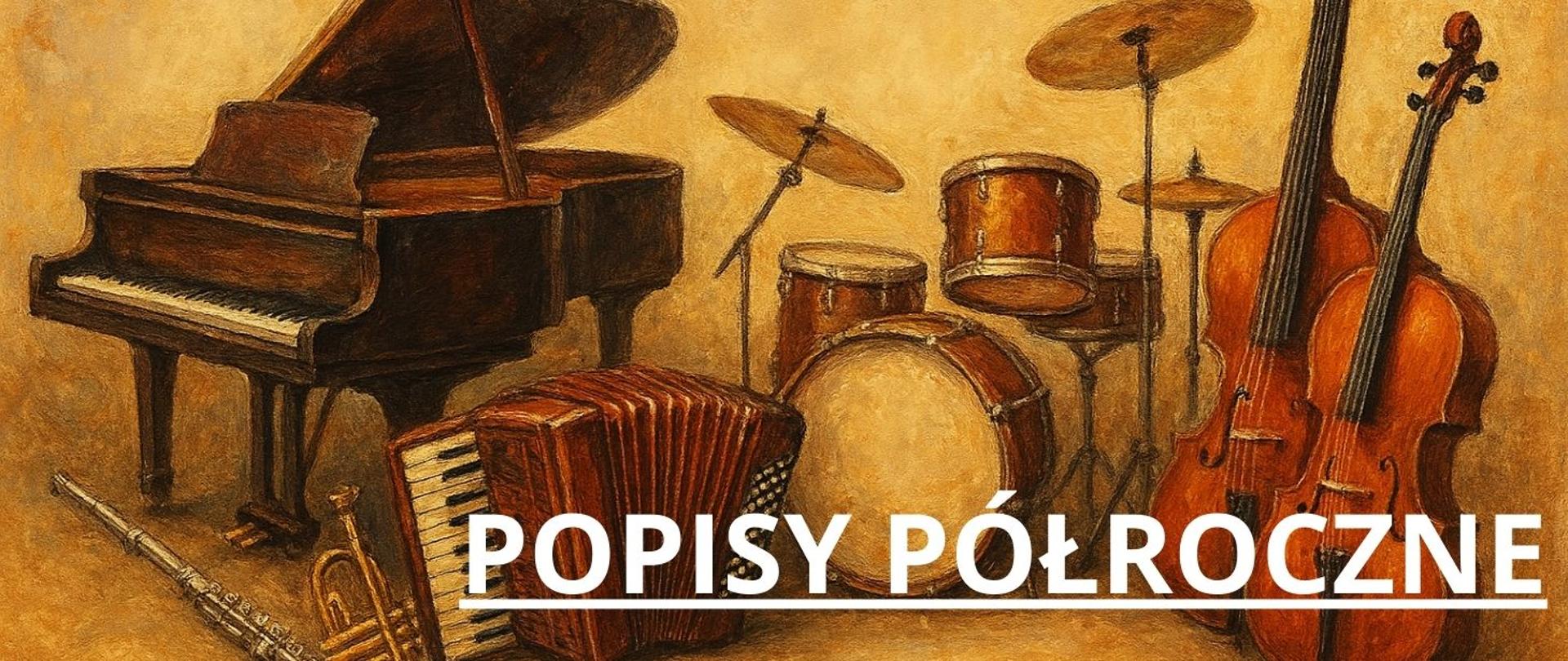 baner przedstawiający w tle instrumenty. na pierwszym planie białe litery informujące o popisie półrocznym