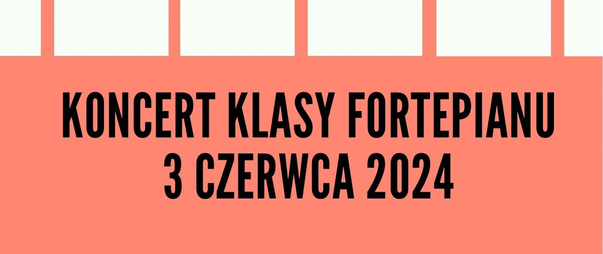 Plakat z wydarzeniem - Koncertem Klasy Fortepianu w wykonaniu uczniów Honoraty Kiwały, Klaudyny Hyjek i Weroniki Duliban, który odbędzie się 3 czerwca 2024r. o godz. 16:30 w auli ZPSM w Dębicy; tło plakatu - na górze umieszczona została klawiatura fortepianu w kolorach biały i granatowy, dolna część plakatu jest w kolorze brzoskwiniowym, napisy czarne