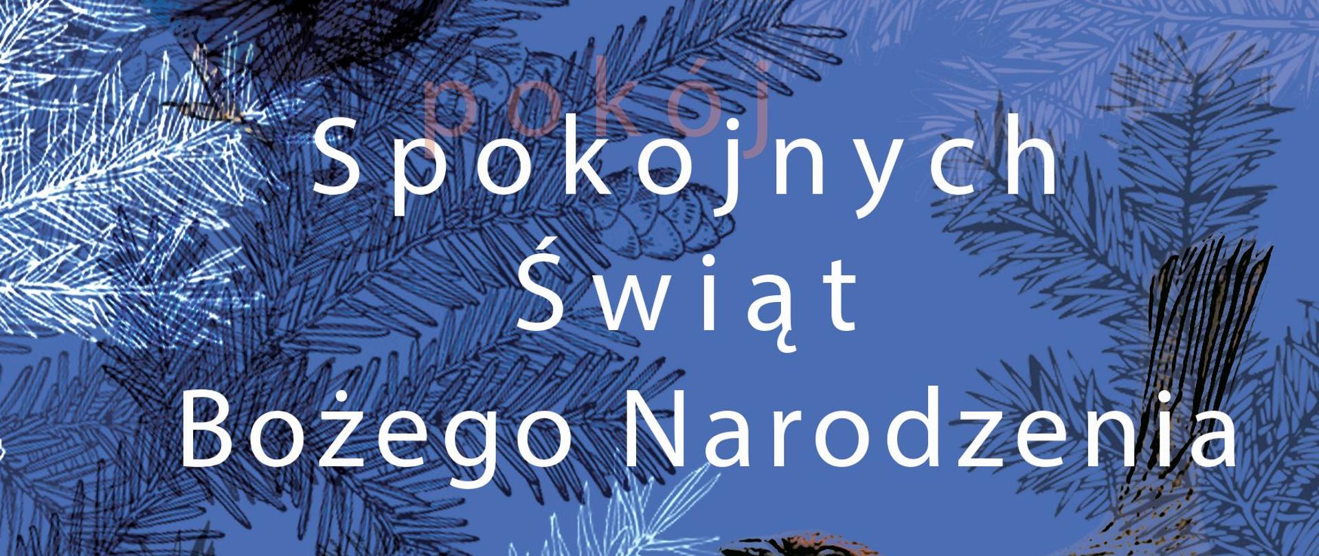 Pocztówka w kolorze niebieskim na której znajdują się logo PLSP w Supraślu, napis Spokojnych Świąt Bożego Narodzenia oraz gałęzie choinki w kolorze białym oraz czarnym