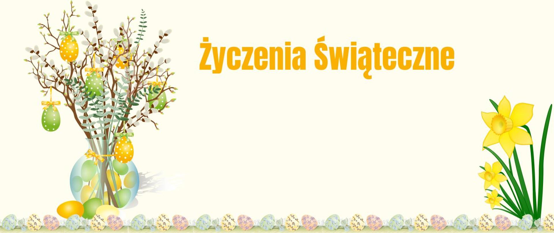 informacja Życzenia Świąteczne napis w kolorze żółtym z grafiką pisanek w kolorze zielonym, żółtym, różowym oraz wazonem z kompozycją bazi gałązek brzozy i wiszącymi pisankami w kolorze zielonym i żółtym 
