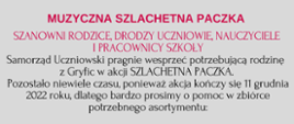 Plakat informujący o akcji szlachetna paczka. Na szarym tle litery w kolorze czerwonym i czarnym. 