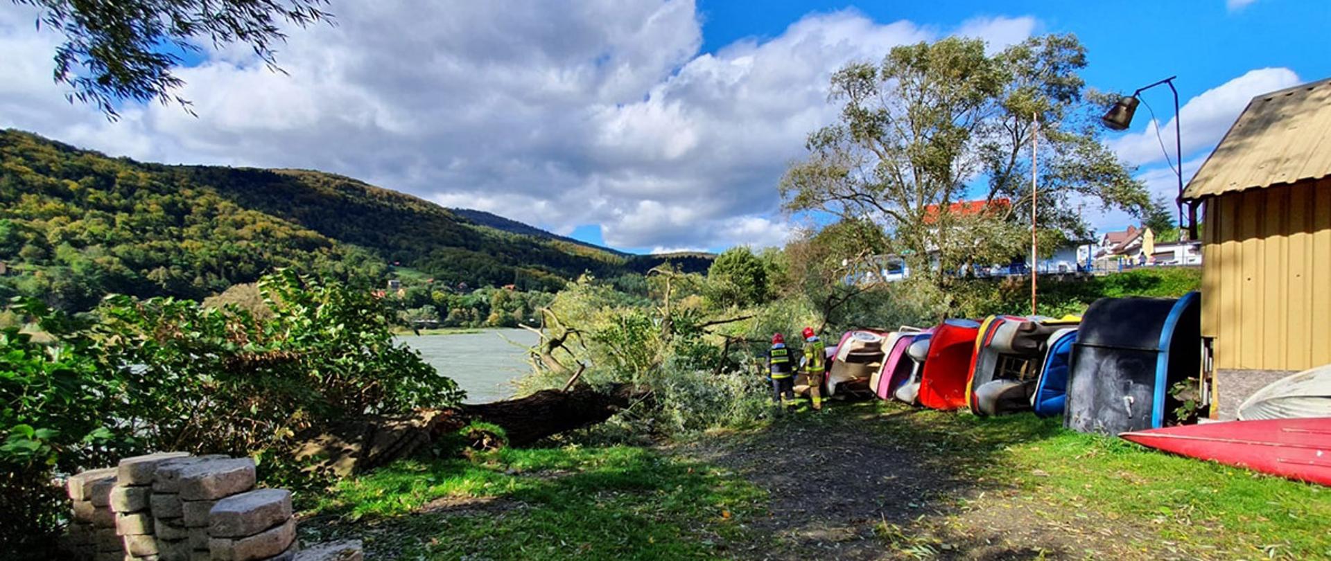 Na zdjęciu widoczne jest przewrócone drzewo między budynkiem z konstrukcji stalowej a jeziorem. W tle panorama gór i jeziora, oraz strażacy przecinający gałęzie przewróconego drzewa.