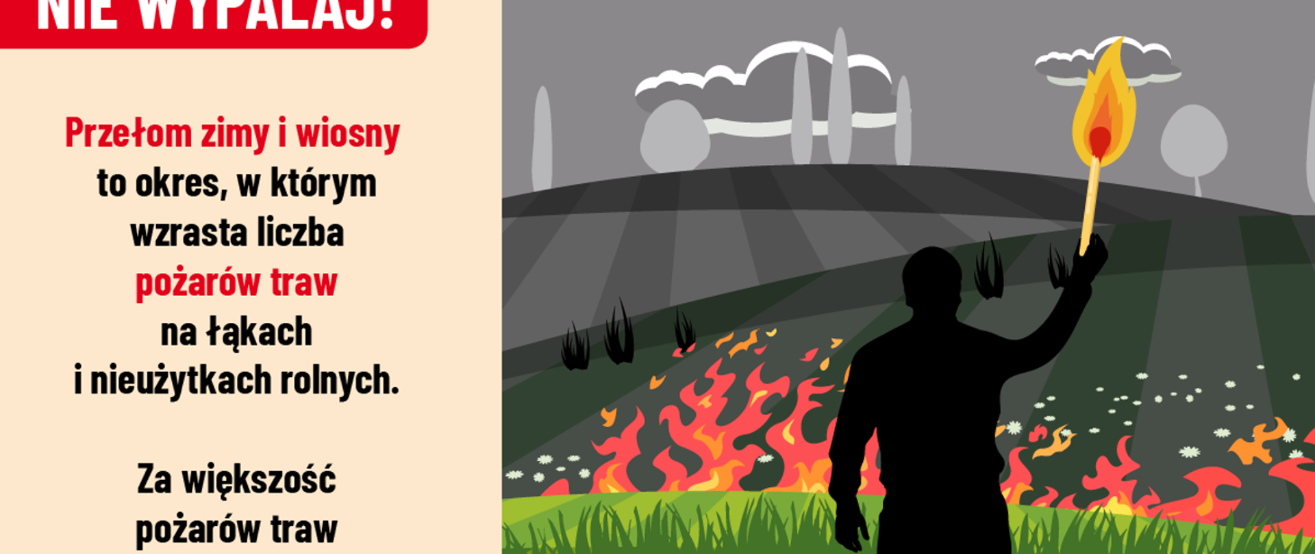 Grafika do kampanii "Stop pożarom traw" przedstawiająca napis Nie Wypalaj! oraz czarny zarys człowieka z zapałką i ogniem na tle palącej się trawy.