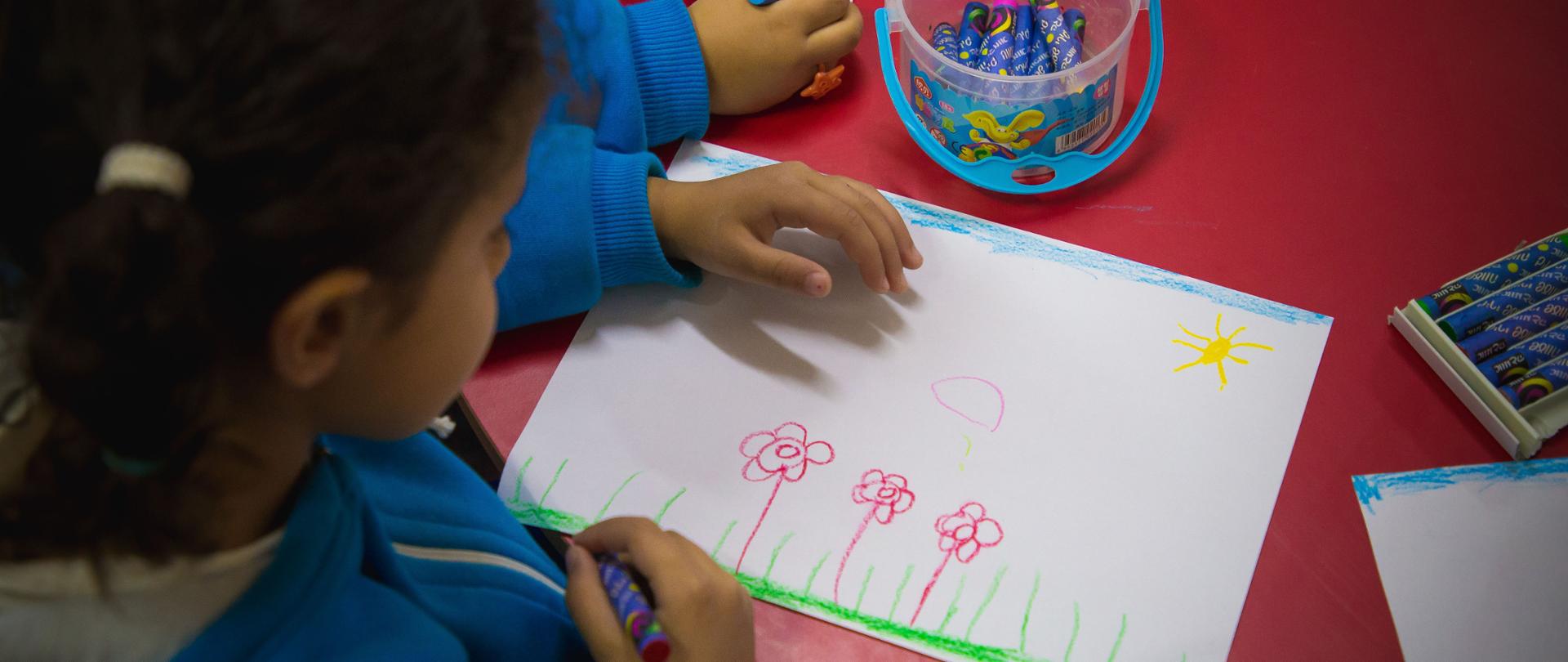 rysunek namalowany przez dziewczynkę - trzy kolorowe kwiatki i słońce