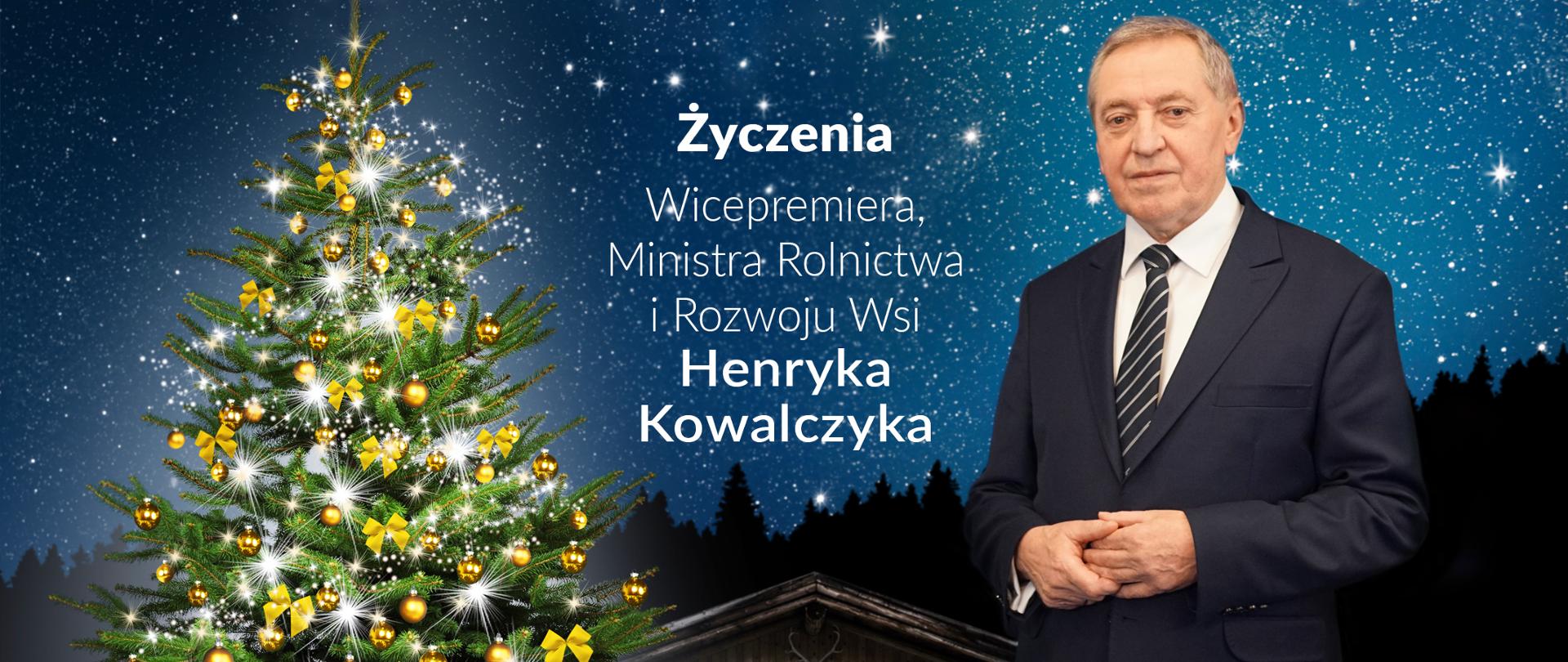 Wicepremier, Minister Rolnictwa i Rozwoju Wsi Henryk Kowalczyk stojący na tle gwiaździstego nieba obok przyozdobionej choinki 