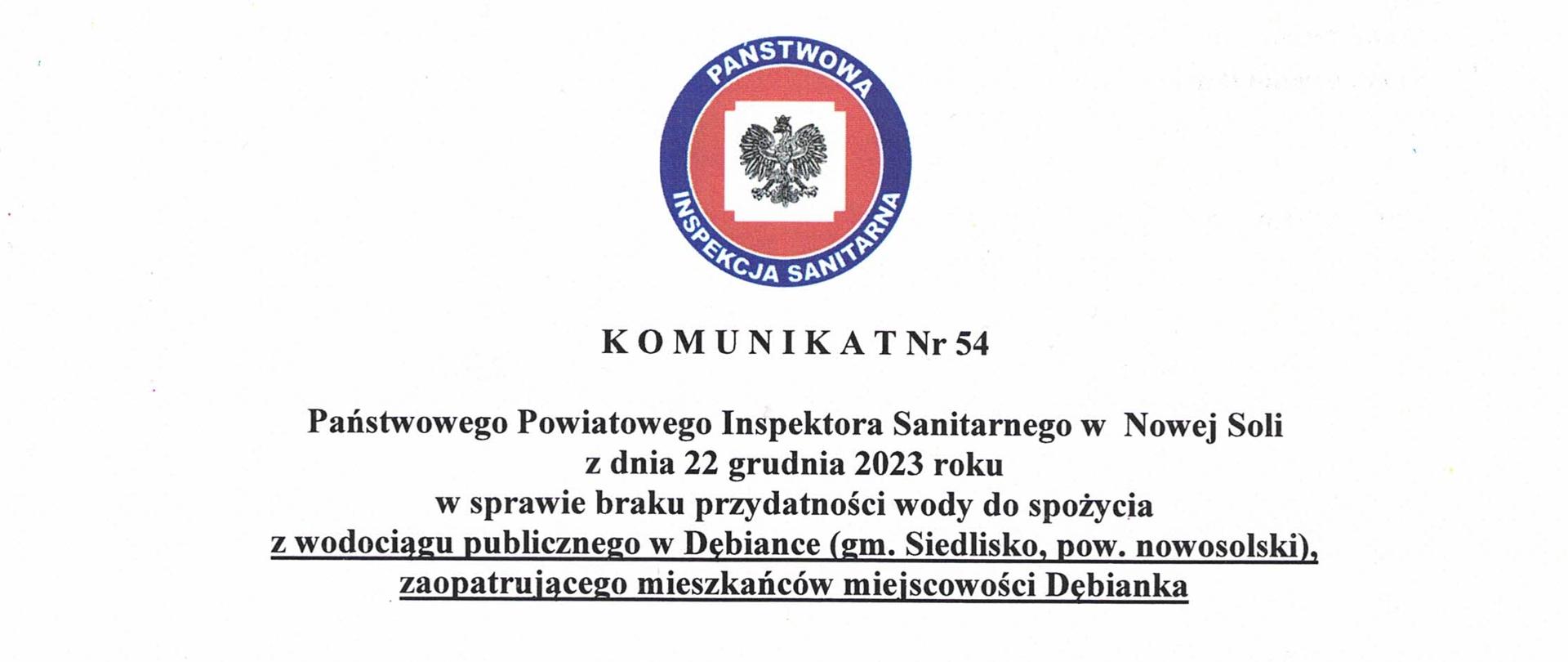 Komunikat nr 54 brak przydatności Dębianka